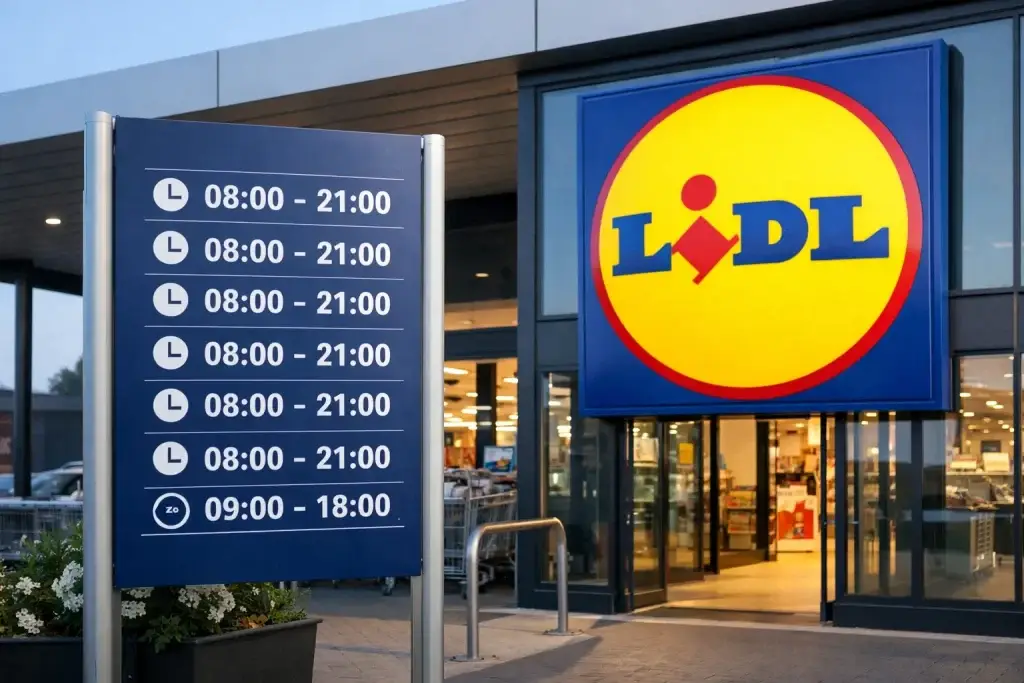 Ingang van Lidl supermarkt in Doetinchem met openingstijden bord