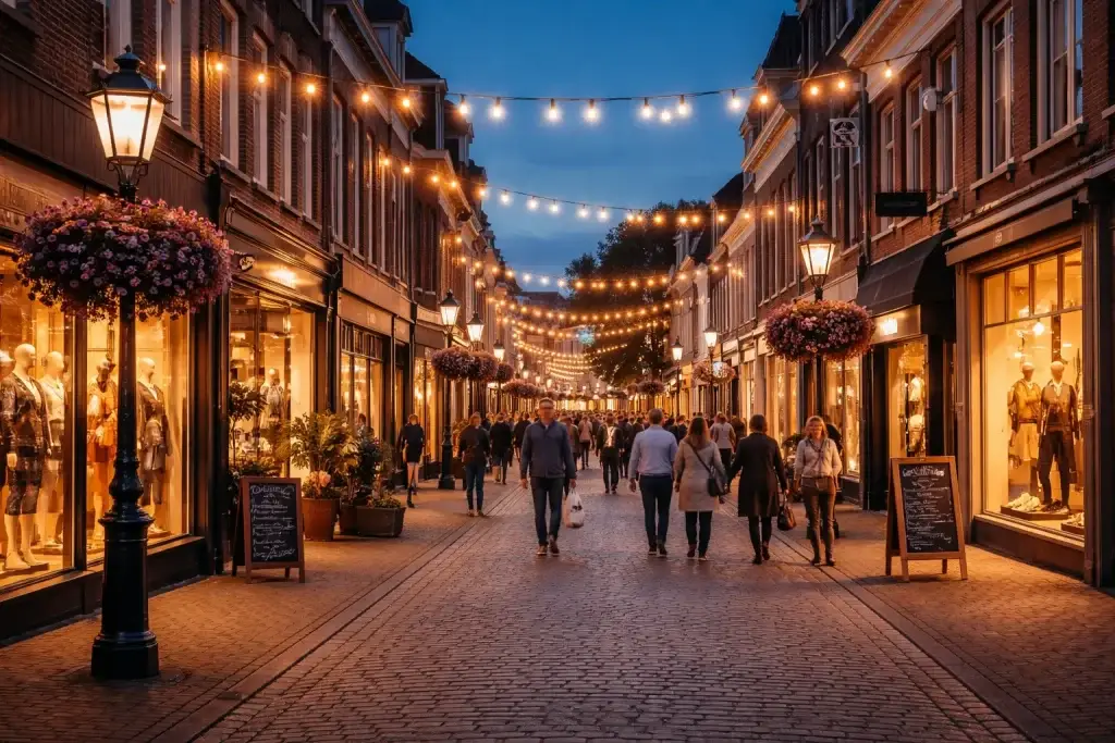 Gezellige winkelstraat in Doetinchem tijdens koopavond met verlichting en shoppers