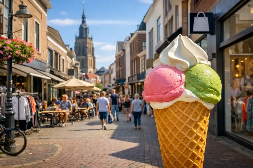 Drukke winkelstraat in Doetinchem op zondag met terrasjes en mensen