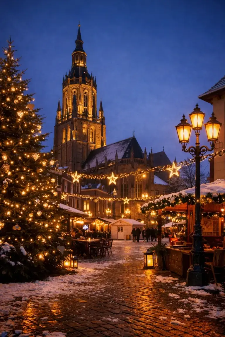 Verlichte kerstmarkt met kerk in Doetinchem