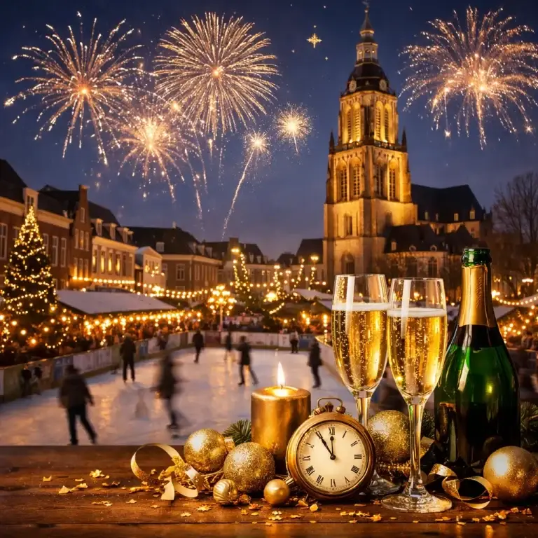 Vuurwerk boven Doetinchem met feestelijke sfeer en champagne