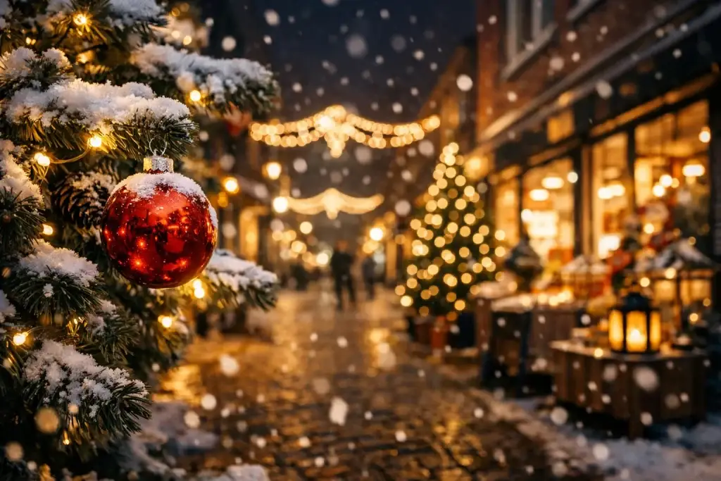 Sfeervolle winkelstraat met kerstverlichting en sneeuw