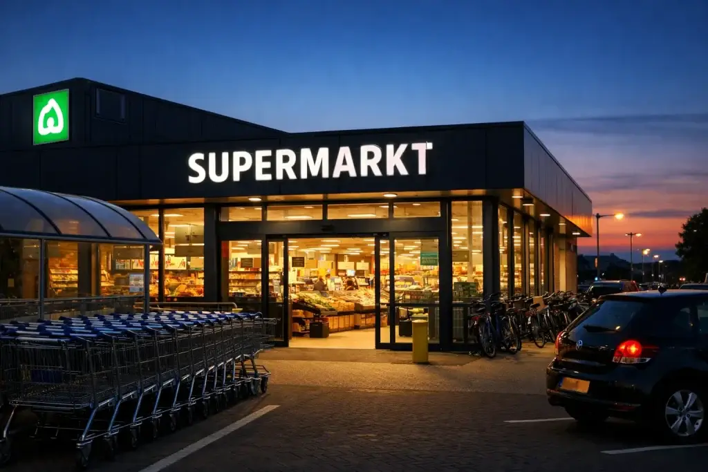 Verlichte supermarkt in Doetinchem tijdens de avond