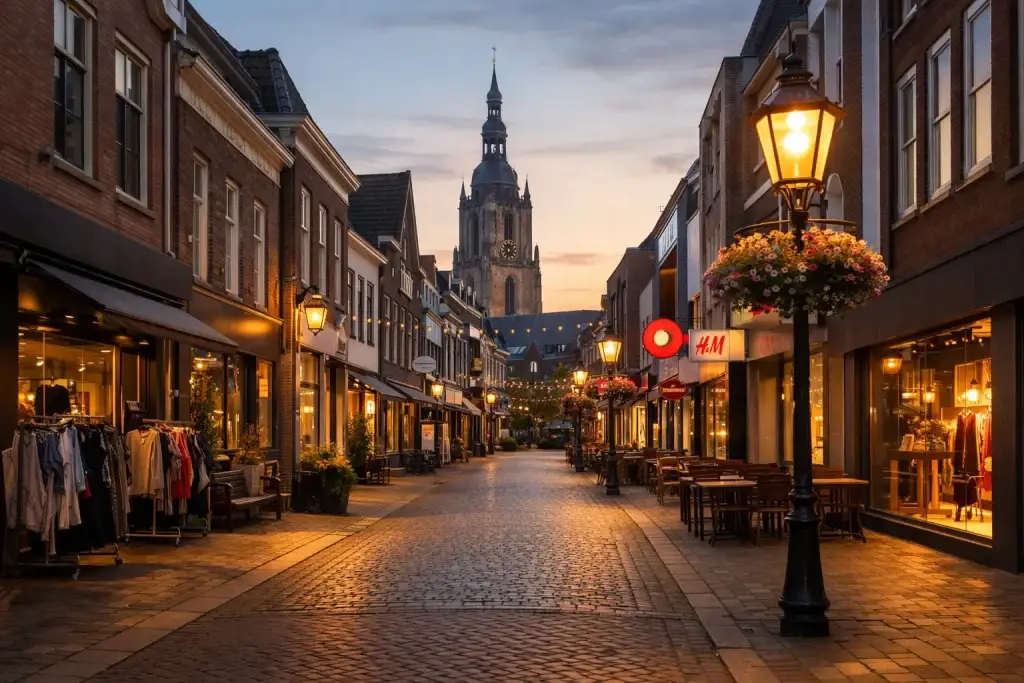 Winkelstraat in Doetinchem met verlichting in de avond