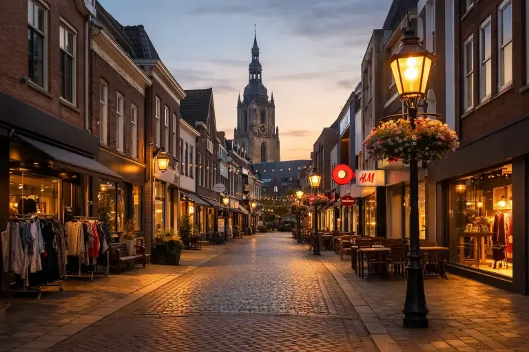 Winkelstraat in Doetinchem met verlichting in de avond