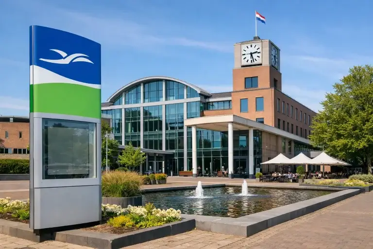 Modern gemeentehuis van Doetinchem met plein en fontein
