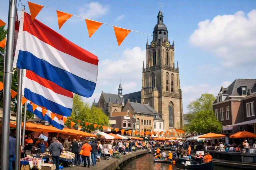 Drukke straat met feestvierende mensen tijdens Koningsdag in Doetinchem